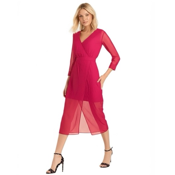 NWT Bebe Womens Raspberry Pink Chiffon Faux Wrap Midi Dress 3/4 Sleeve Size 4 - Picture 1 of 16